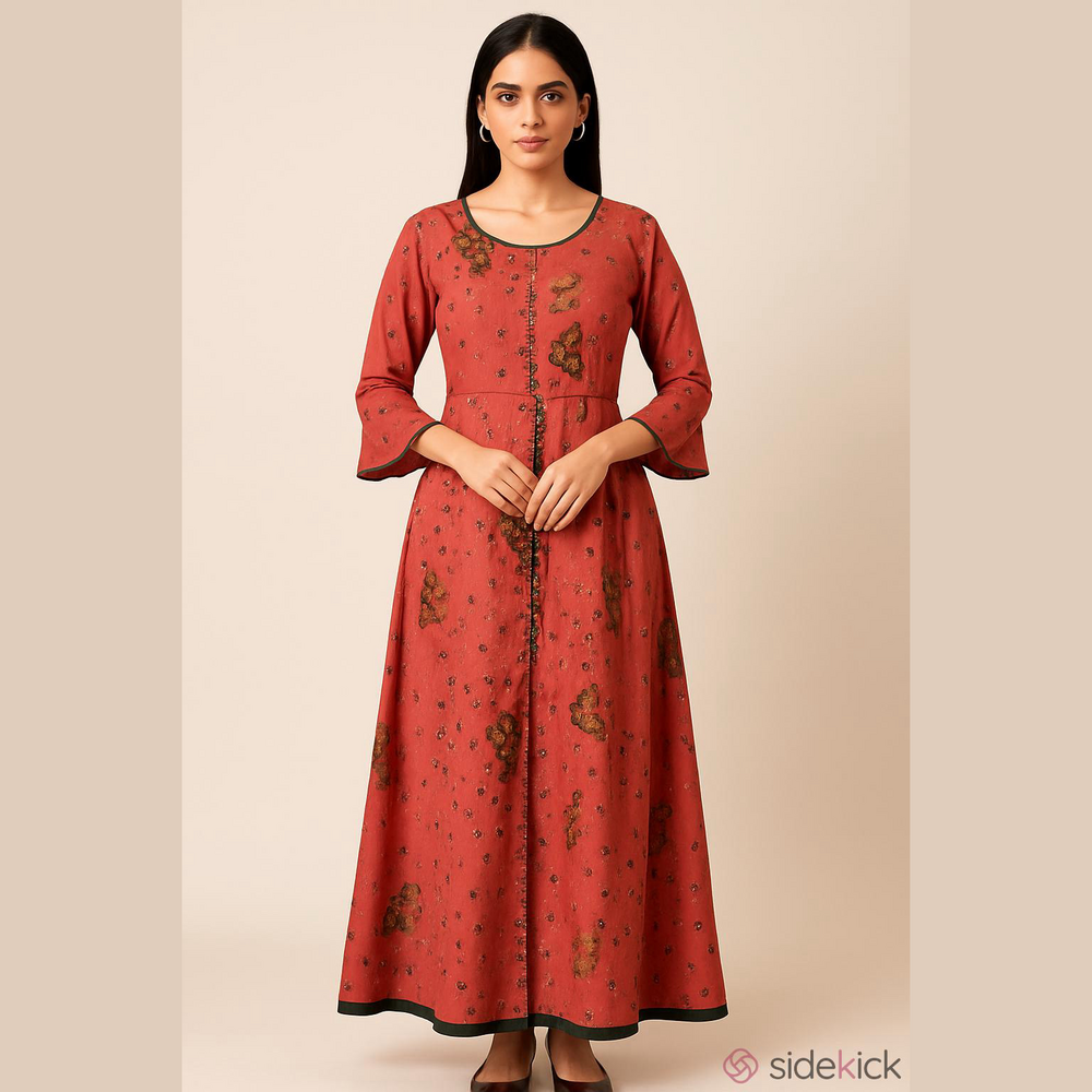 Boho Bell-Sleeve Maxi Dress in Coral Pink Anarkali-style kurta or long frock